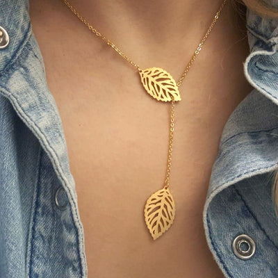 Double Leaf Charm Lariat Necklaces - Nature's Elegance