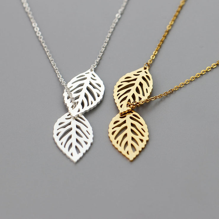 Double Leaf Charm Lariat Necklaces - Nature's Elegance