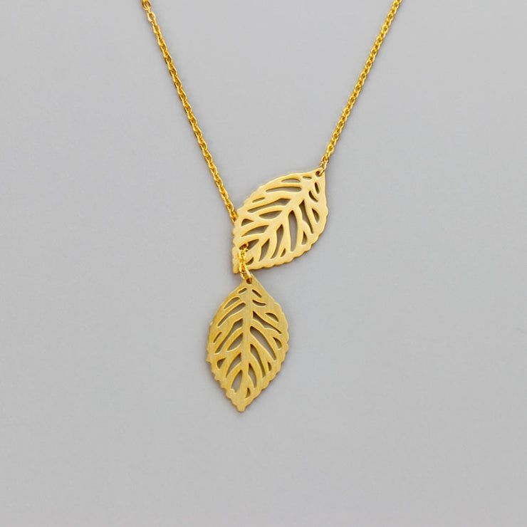 Double Leaf Charm Lariat Necklaces - Nature's Elegance