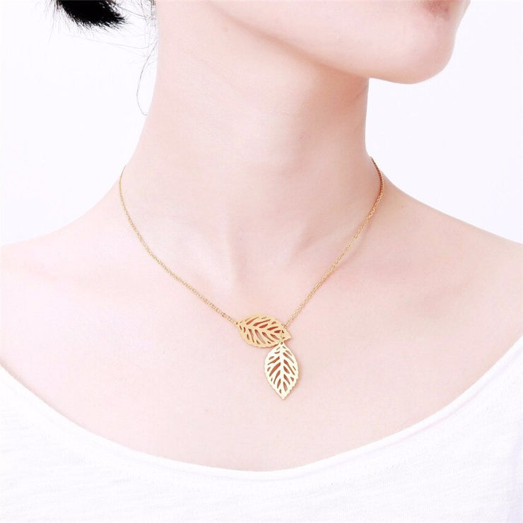 Double Leaf Charm Lariat Necklaces - Nature's Elegance