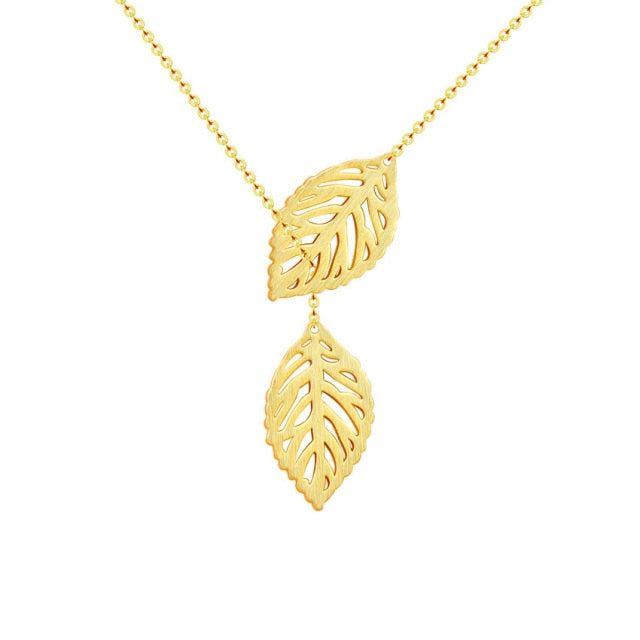 Double Leaf Charm Lariat Necklaces - Nature's Elegance