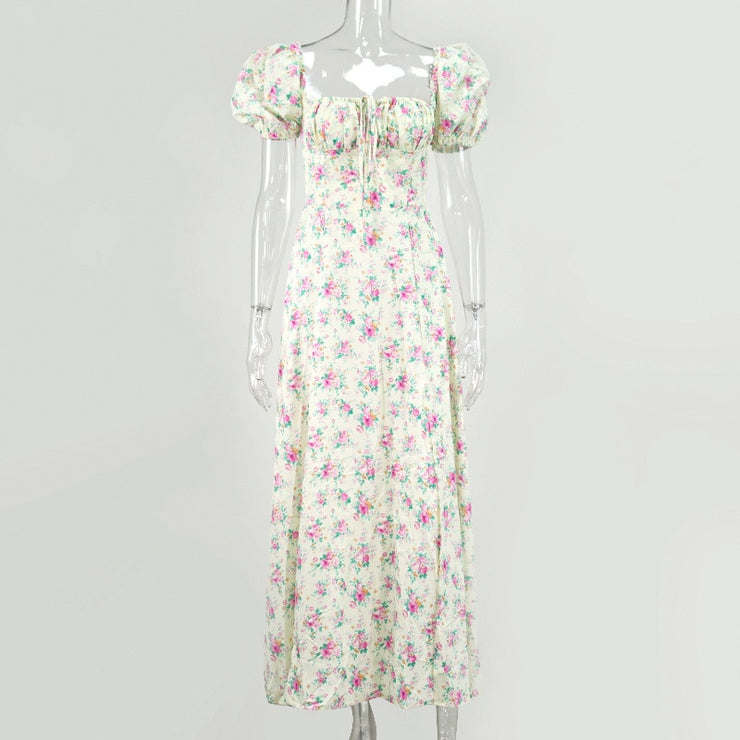 Floral Elegance: Short Puff Sleeve Ruched Summer Dress for Effortless Style