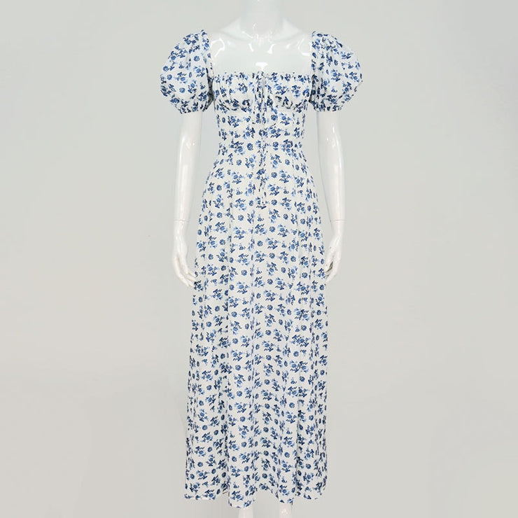 Floral Elegance: Short Puff Sleeve Ruched Summer Dress for Effortless Style