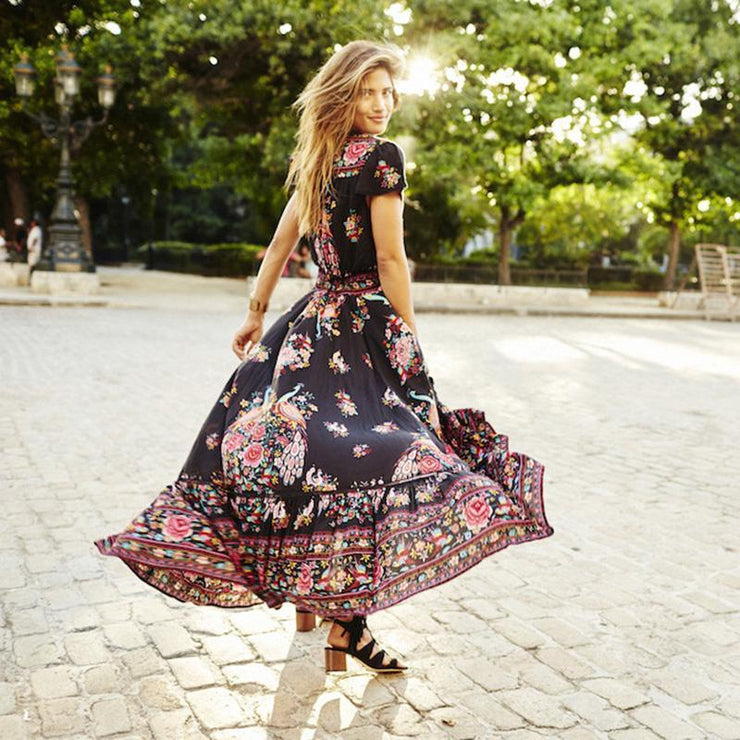 Timeless Elegance: Vintage Boho V-Neck Long Maxi Dress