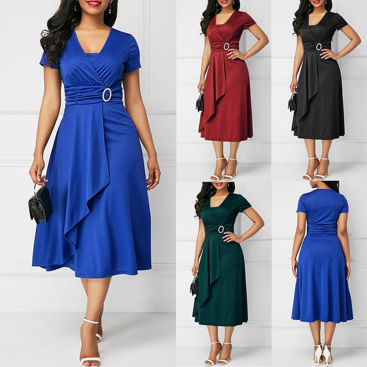 Curve Confidence: Hot Sale New Arrival Fashion Plus Size Dress with Short Sleeve, Asymmetric Hem, Waist-Tight, and Large Swing Midi for Evening Party Elegance