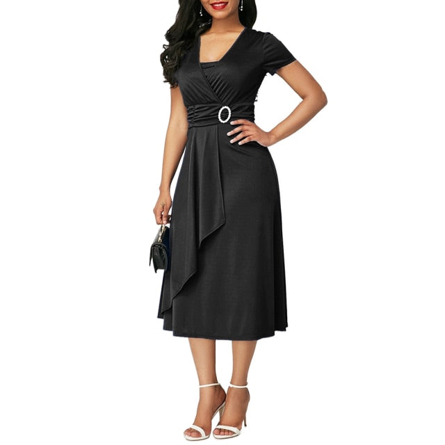 Curve Confidence: Hot Sale New Arrival Fashion Plus Size Dress with Short Sleeve, Asymmetric Hem, Waist-Tight, and Large Swing Midi for Evening Party Elegance