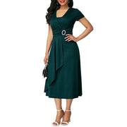 Curve Confidence: Hot Sale New Arrival Fashion Plus Size Dress with Short Sleeve, Asymmetric Hem, Waist-Tight, and Large Swing Midi for Evening Party Elegance