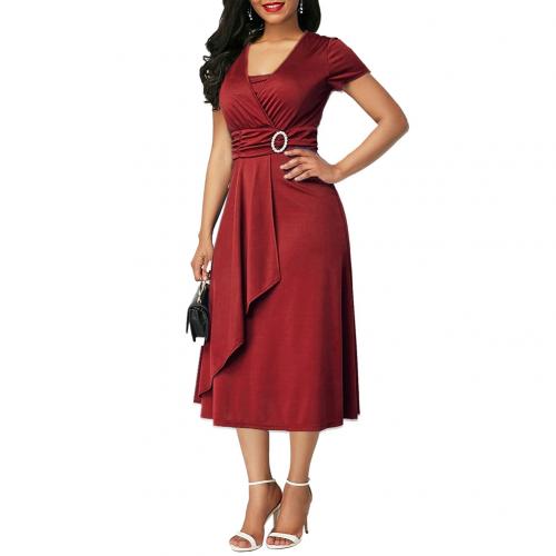 Curve Confidence: Hot Sale New Arrival Fashion Plus Size Dress with Short Sleeve, Asymmetric Hem, Waist-Tight, and Large Swing Midi for Evening Party Elegance