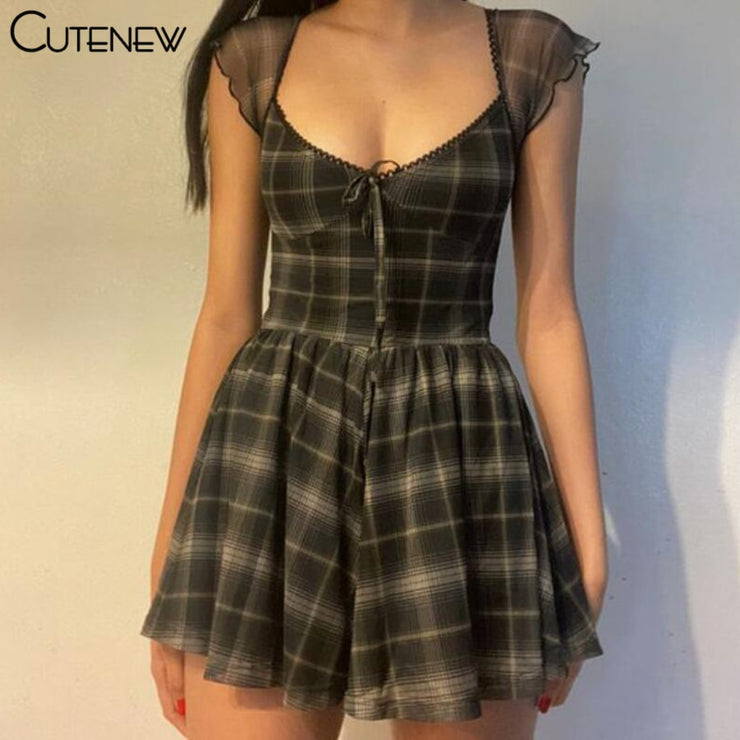 Chic Simplicity: CUTENEW Lattice Pattern A-Line Short Sleeve Mini Dress for Women