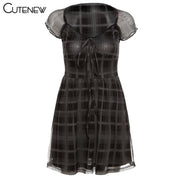 Chic Simplicity: CUTENEW Lattice Pattern A-Line Short Sleeve Mini Dress for Women