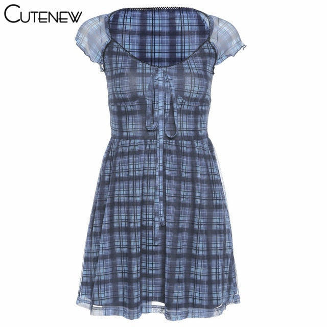 Chic Simplicity: CUTENEW Lattice Pattern A-Line Short Sleeve Mini Dress for Women