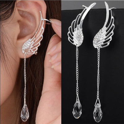 Bohemian Crystal Earrings - Silver Plated Angel Wing Drop Dangle Ear Stud for Women