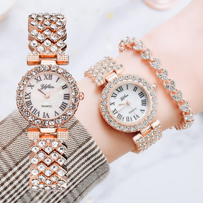 Diamond Elegance: Luxury Rose Gold Watch Set for Fashionable Women – 2pcs Set