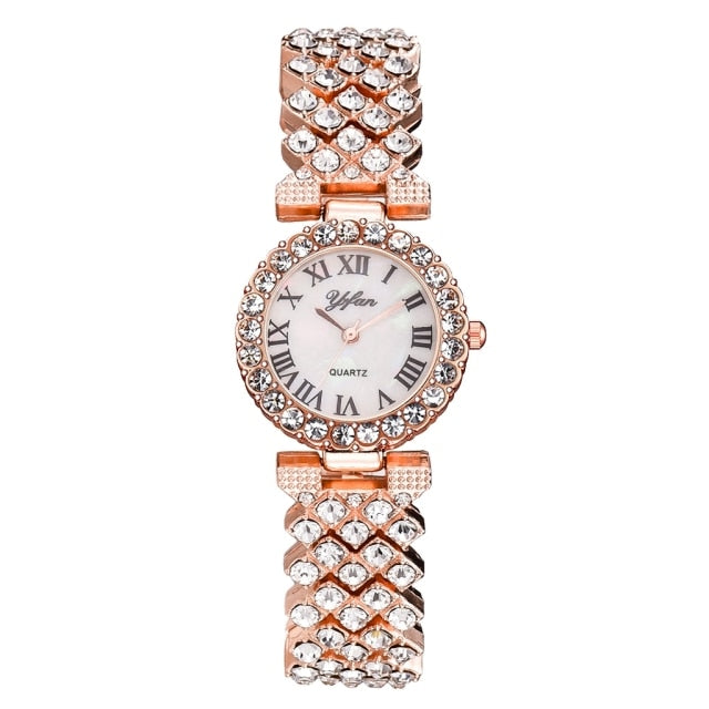 Diamond Elegance: Luxury Rose Gold Watch Set for Fashionable Women – 2pcs Set