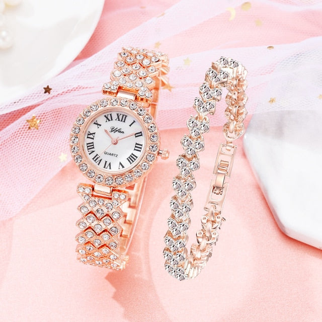 Diamond Elegance: Luxury Rose Gold Watch Set for Fashionable Women – 2pcs Set