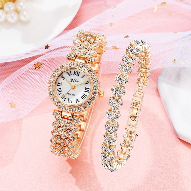 Diamond Elegance: Luxury Rose Gold Watch Set for Fashionable Women – 2pcs Set