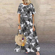 Bohemian Bliss: Casual Short Sleeve High Waist Print Summer Dress for Women