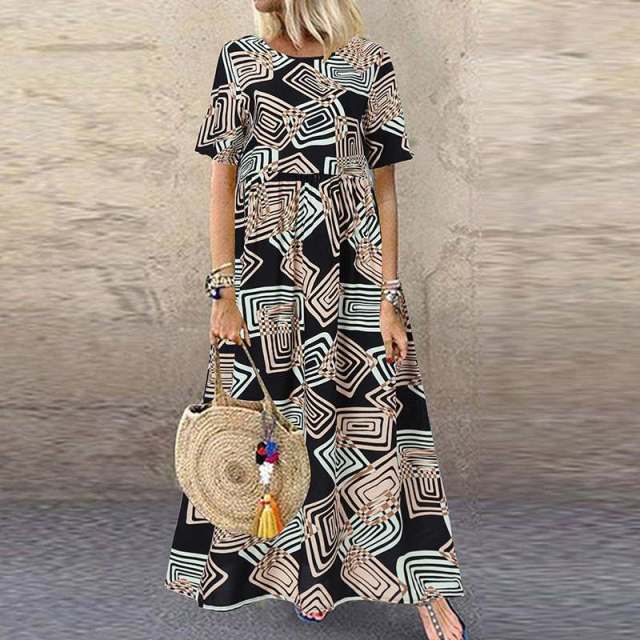 Bohemian Bliss: Casual Short Sleeve High Waist Print Summer Dress for Women