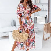 Bohemian Bliss: Summer Ladies V-Neck Print Short-Sleeved Long Dress with Side Split for Party, Casual, and Daily Wear - French Elegance Unleashed