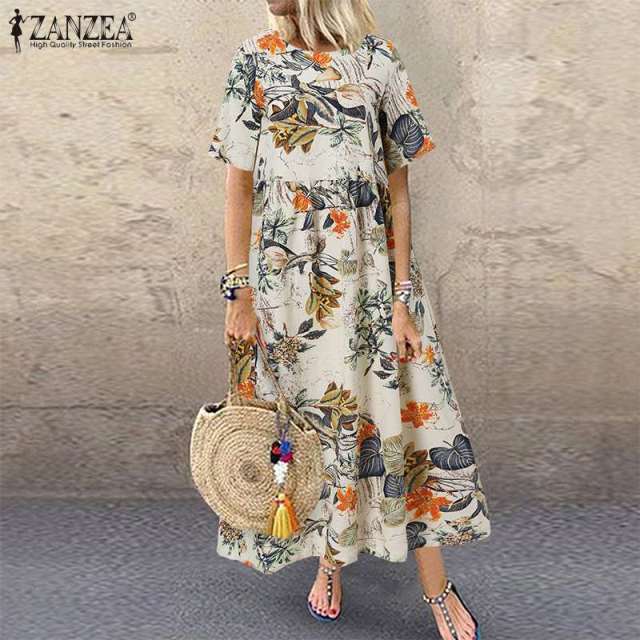 Bohemian Bliss: Casual Short Sleeve High Waist Print Summer Dress for Women