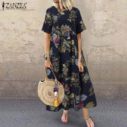 Bohemian Bliss: Casual Short Sleeve High Waist Print Summer Dress for Women