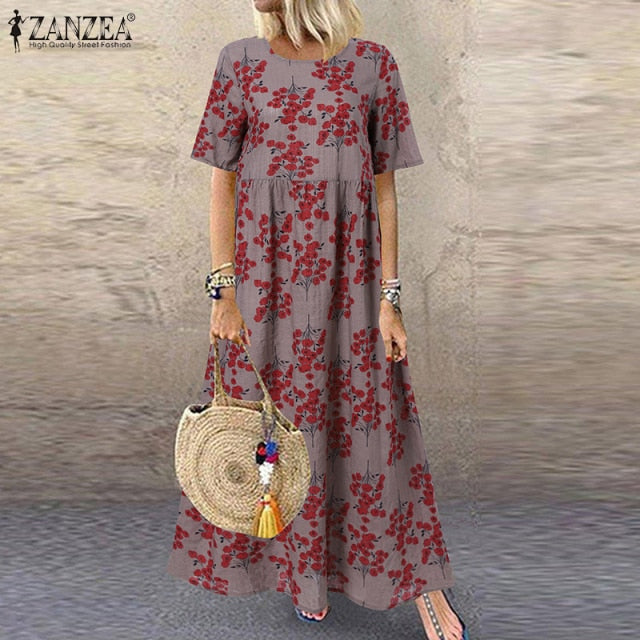 Bohemian Bliss: Casual Short Sleeve High Waist Print Summer Dress for Women