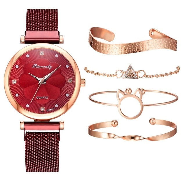 Floral Elegance: 5PCS Luxury Women's Watches Set