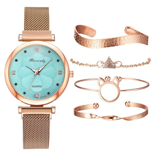 Floral Elegance: 5PCS Luxury Women's Watches Set