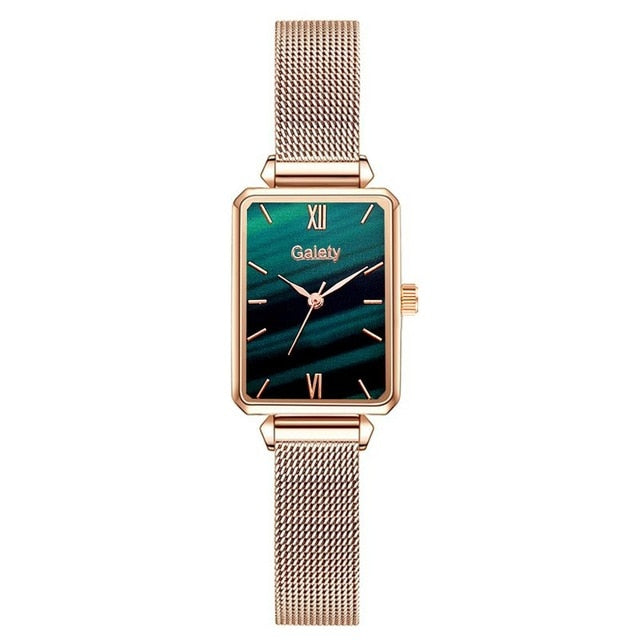 Green Dial Elegance: Fashion Square Women's Watch Set