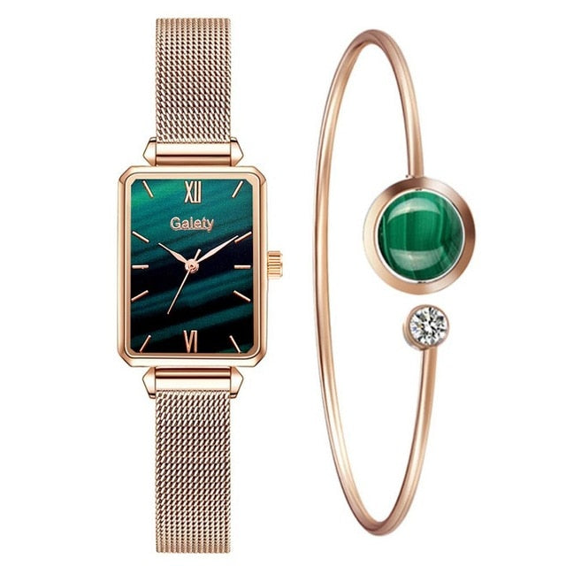 Green Dial Elegance: Fashion Square Women's Watch Set