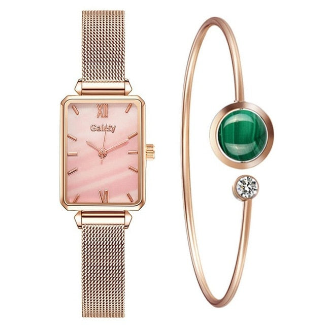 Green Dial Elegance: Fashion Square Women's Watch Set