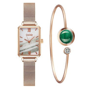 Green Dial Elegance: Fashion Square Women's Watch Set