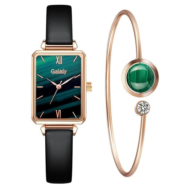 Green Dial Elegance: Fashion Square Women's Watch Set