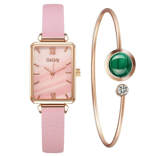 Green Dial Elegance: Fashion Square Women's Watch Set