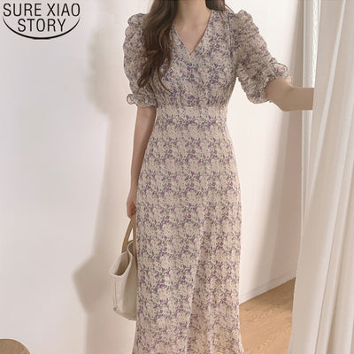 Floral Grace: Summer Korean Style Elegant Dress with Vintage Print, High Waist, V-Neck, Short Sleeve, and Fashionable Ankle-Length for Casual Chic